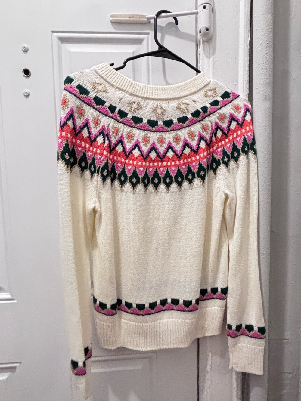 Style & Co. Cream Fair Isle Crewneck Sweater with Pink & Green Accents